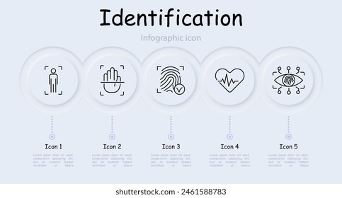 Identification set icon. Voice, analysis, recognition, fingerprint, scanning, verification, DNA, signal, eye, ocular retina, analysis, heartbeat, hand, infographic, success, neomorphism.