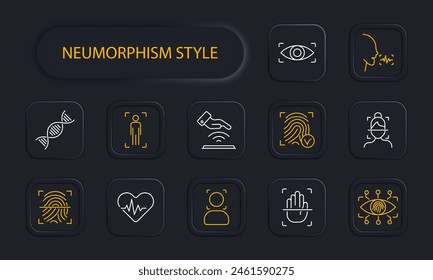 Identification set icon. Voice, analysis, recognition, fingerprint, scanning, verification, DNA, signal, eye, ocular retina, analysis, heartbeat, hand, face, ID, success, neomorphism, silhouette.