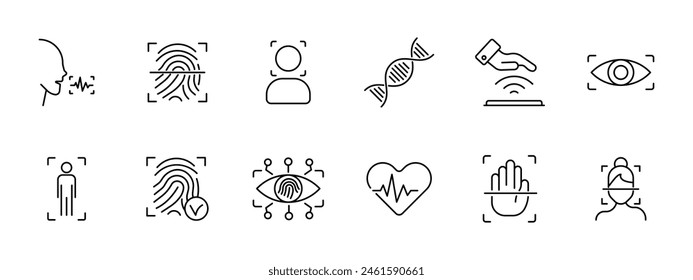 Identification set icon. Voice, analysis, recognition, fingerprint, scanning, verification, DNA, signal, eye, ocular retina, analysis, heartbeat, hand, face, face ID, success, human silhouette.