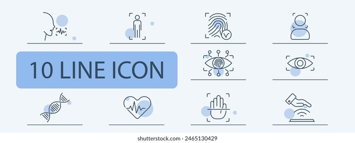 Identification set icon. Voice, analysis, recognition, fingerprint, scanning, verification, DNA, signal, eye, ocular retina, heartbeat, hand, face, face ID, success, human silhouette.