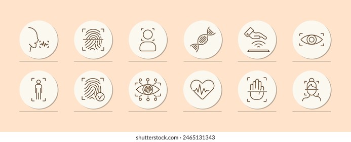 Identification set icon. Voice, analysis, recognition, fingerprint, scanning, verification, DNA, signal, eye, ocular retina, analysis, heartbeat, hand, face, face ID, success, human silhouette.