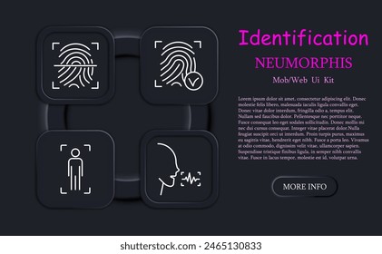 Identification set icon. Voice, recognition, fingerprint, scanning, verification, DNA, signal, eye, ocular retina, analysis, heartbeat, neomorphism, face, face ID, success, human silhouette.