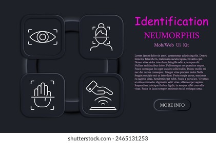 Identification set icon. Voice, recognition, fingerprint, scanning, verification, DNA, signal, eye, ocular retina, analysis, heartbeat, neomorphism, face, face ID, success, human silhouette.