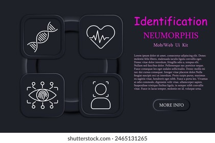 Identification set icon. Voice, recognition, fingerprint, scanning, verification, DNA, signal, eye, ocular retina, analysis, heartbeat, neomorphism, face, face ID, success, human silhouette.