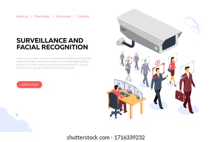 Identification surveillance banner. Illustration on the theme of surveillance, CCTV and facial recognition. Concept for the development of sites and mobile sites. Vector illustration