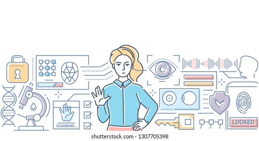 Identification system - modern line design style web banner on white background. High quality composition with a woman undergoing eye and fingerprint scanning, face recognition. Technology concept