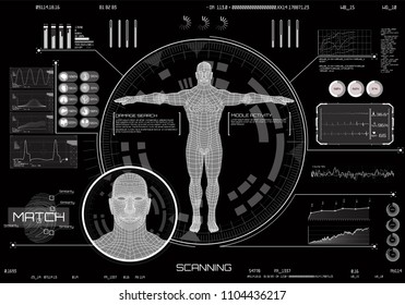 Identification Technology, Authorization Verification Biometric Scanners, Futuristic Identification Interface Images Fingerprints, Face Scan, Temperature Sensor and BPM.  Computer Security Technology