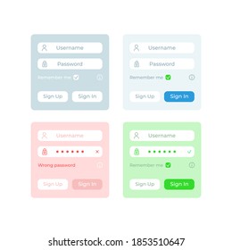 Identification UI elements kit. Login fields. Authorization isolated vector icon, bar and dashboard template. Web design widget collection for mobile application with light theme interface