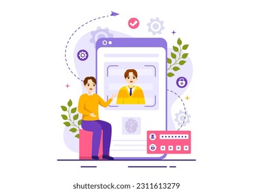 Ilustración vectorial de identificación con foto, documento e información en el sistema de identificación facial con plantillas dibujadas a mano