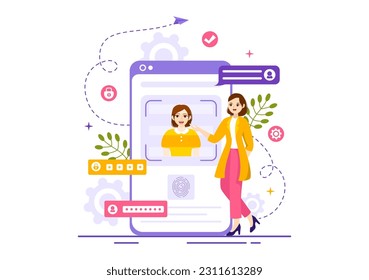 Ilustración vectorial de identificación con foto, documento e información en el sistema de identificación facial con plantillas dibujadas a mano