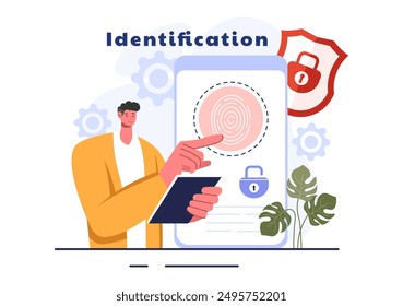 Ilustración vectorial de Identificación de una tarjeta de identidad con foto, documento e información en un sistema de identificación facial sobre un fondo plano de dibujos animados