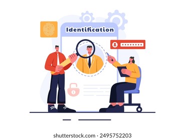 Ilustración vectorial de Identificación de una tarjeta de identidad con foto, documento e información en un sistema de identificación facial sobre un fondo plano de dibujos animados