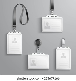 Identification white blank plastic id cards set with clasp and lanyards isolated vector illustration