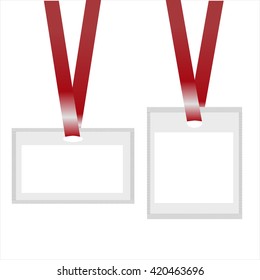 Identification white blank plastic id cards with lanyards. Horizontal and vertical orientation. Vector illustration