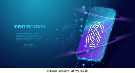 Identification your phone Fingerprint scanning to unlock mobile phone. Authorization technology Smartphone cyber security your identity vector. Fingerprint scan on circuit board background.