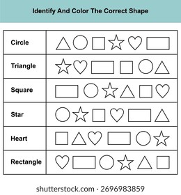 Identify and Color the Correct Shape For Kindergarten Worksheet Vector Design 