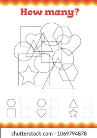 Identify and color the correct shape. Learn shapes and geometric figures. Preschool or kindergarten worksheet. Vector illustration