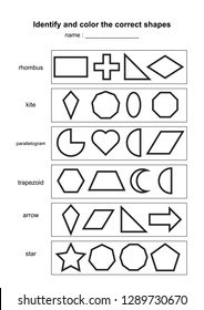 Identify and color the correct shapes. educational geometric shapes game. printable learning material for kids . black and white printable game illustration
