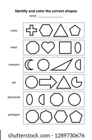 Identify and color the correct shapes. educational geometric shapes game. printable learning material for kids . black and white printable game illustration
