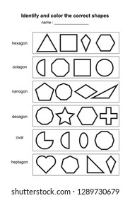 Identify and color the correct shapes. educational geometric shapes game. printable learning material for kids . black and white printable game illustration
