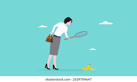 identify dangers in business or economic disasters, Analyze the company's financial health before investing, business woman using a magnifying glass to observe the dangers of banana peels on the road