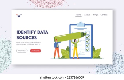 Identify Data Sources Landing Page Template. Tiny Characters Fill Questionnaire Form with Highlighter Putting Tick Marks into Boxes. Business People Fill Survey Checklist, Cartoon Vector Illustration