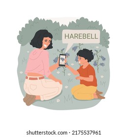 Identify the flora isolated cartoon vector illustration. Mom and child walking in the forest, taking picture of flora with phone, identify plants, natural park, summer activity vector cartoon.