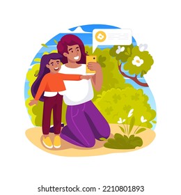 Identificar la flora aislada de ilustración vectorial de dibujos animados. Mamá y niño caminando por el bosque, tomando fotos de la flora con teléfono, identificando plantas, parque natural, animación de verano vectores de dibujos.