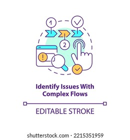 Identify issues with complex flows concept icon. Find mistakes. Usability testing abstract idea thin line illustration. Isolated outline drawing. Editable stroke. Arial, Myriad Pro-Bold fonts used