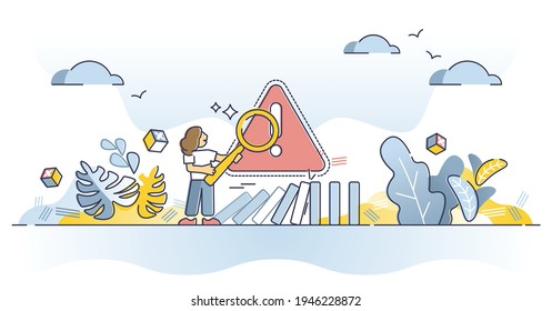 Identify problem, report and fix it as action for solution outline concept. Risk prevention and potential economical company danger warning vector illustration. Business control and threat detection.