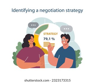 Identify a strategy to conduct difficult negotiation. Business characters with opposite opinions coming up with mutual decision. Making a compromise on a meeting. Flat vector illustration