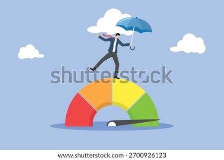 Identify threat, risk mitigation and control or prevent potential impact, reduce chance of failure, uncertainty, evaluate safety level, businessman with protection umbrella on risk gauge measuring.