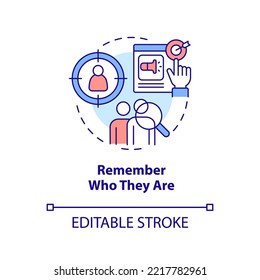 Identify your audience concept icon. Remember who they are. Knowing target customers abstract idea thin line illustration. Isolated outline drawing. Editable stroke. Arial, Myriad Pro-Bold fonts used