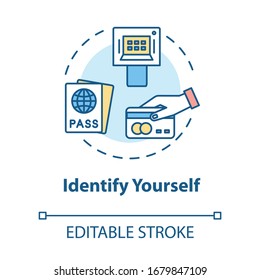 Identifíquese el icono de concepto. Control de pasaportes e ilustración de la idea de embarque en línea delgada. Los pasajeros documentan la comprobación de seguridad. Dibujo de color RGB con contorno aislado por vectores. Trazo editable