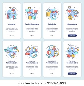 Identifying communication styles onboarding mobile app screen set. Walkthrough 4 steps graphic instructions pages with linear concepts. UI, UX, GUI template. Myriad Pro-Bold, Regular fonts used