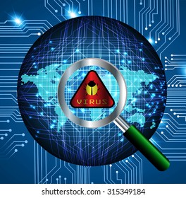 identifying a computer virus. Antivirus protection and computer security concept. PC. vector one zero. scan. technology digital website internet web. World Map, Global