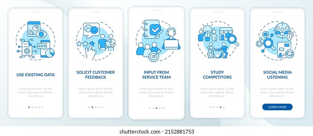 Identifying customer needs blue onboarding mobile app screen. Walkthrough 5 steps graphic instructions pages with linear concepts. UI, UX, GUI template. Myriad Pro-Bold, Regular fonts used
