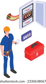 Identifying and Fixing Issues With Wiring at Home isometric Concept vector icon design, Electrical engineer symbol, Wiring specialist Sign, maintenance technician tools stock illustration