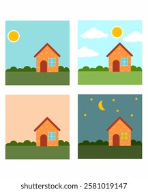 Identifying four different times for kids (morning, afternoon, evening and night), four different times scenes background woth house