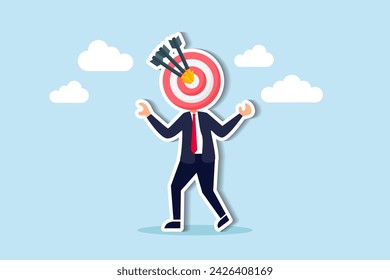 Identifying marketing audience, recruiting talents, and targeting customers or prospects concept, businessman archery target head and 3 arrows hit bullseye accurately.