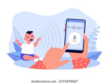 Identifying sound of crying as hunger by app vector illustration. Cartoon drawing of crying newborn baby, mother holding phone with bottle on screen. Baby care, motherhood, technology concept