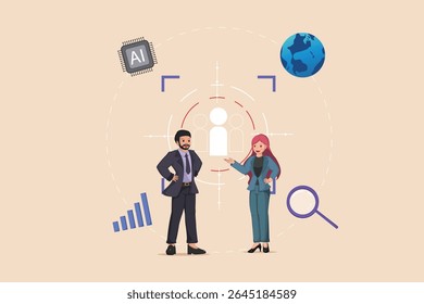 Identifying Target Audience with AI and Global Reach: Business People Analyzing Customer Demographics for Strategic Marketing and Expansion