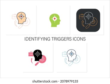 Identifying triggers icons set. Find problems. Identify overwhelming sadness,anxiety,panic.Conflict management concept.Collection of icons in linear, filled, color styles.Isolated vector illustrations