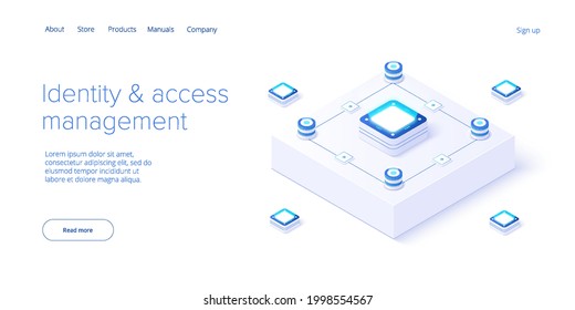 Identity and access management illustration in isometric vector design. Abstract datacenter or blockchain. Network mainframe infrastructure. Web banner layout template.