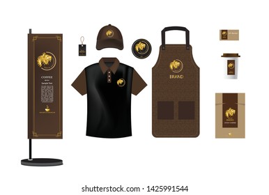 Corperate​ identity branding, set of uniform, cup, coffee package, paper, shop stand, cap, etc