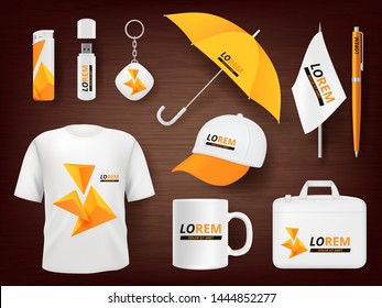 Identity. Business corporate souvenir promotion stationery items uniform badges packages pen lighter cap vector realistic mockup. Illustration of cup and t-shirt, mug and pencil, accessory items - Shutterstock ID 1444852277