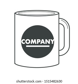 Identity, business corporate souvenir, promotion on cup or mug isolated object vector. Badge, kitchen item, print office, branded business stationery. Gift or present, printing house, company name