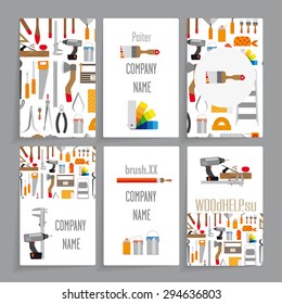 Identity card template. Six card companies, and repair services. It contains a variety of tools. Flat. Gray background