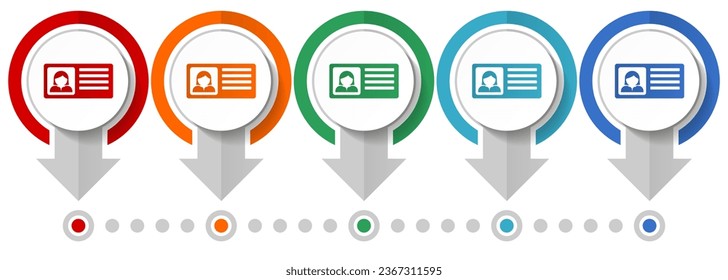 Identity card vector icon set, flat design infographic template, set pointer concept icons in 5 color options for webdesign and mobile applications