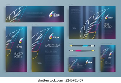 Identity cmyk polygraphy theme Cover colored feather pen Set flyer cover, tri-fold, banner, roll up banner, business card